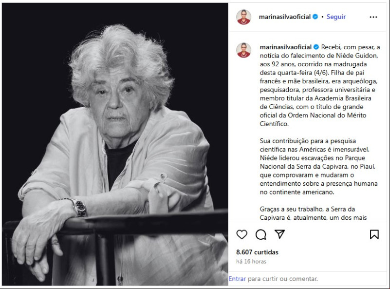 Ministra do Meio Ambiente do Governo Lula, Marina Silva, lamentou a morte da arqueóloga Niède Guidon. - (Reprodução)